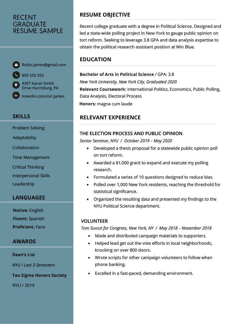 A college graduate resume sample with no experience